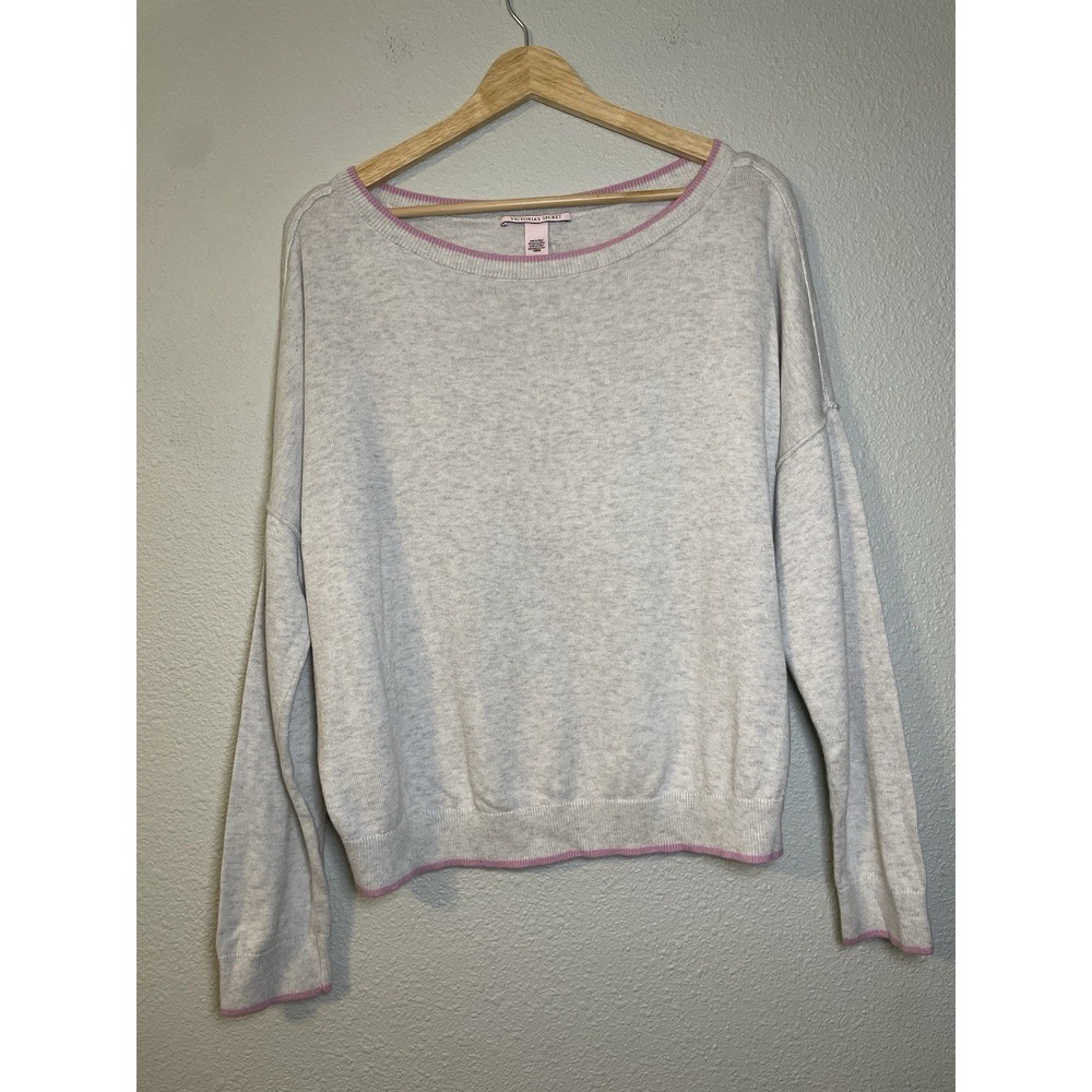 Victoria Secret Soft Kiss Of Cashmere Gray & Pink Trim Sweater Size Medium